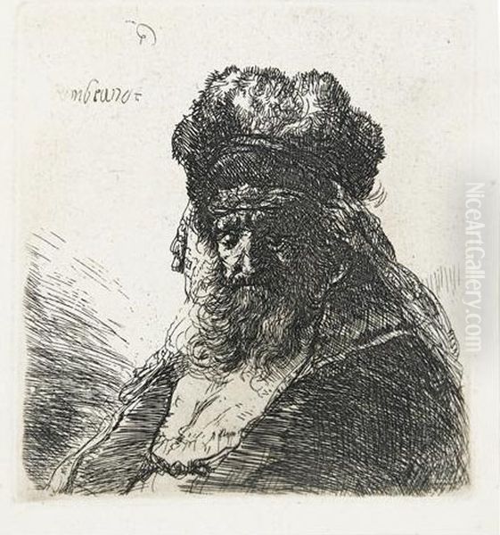 Old Bearded Man In A High Fur Cap, With Eyes Closed. Oil Painting by Rembrandt Van Rijn