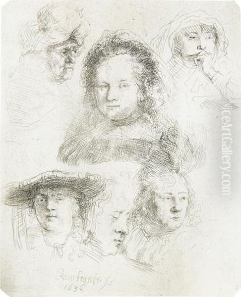 Sheet Of Studies: Head Of Saskia And Others. Oil Painting by Rembrandt Van Rijn