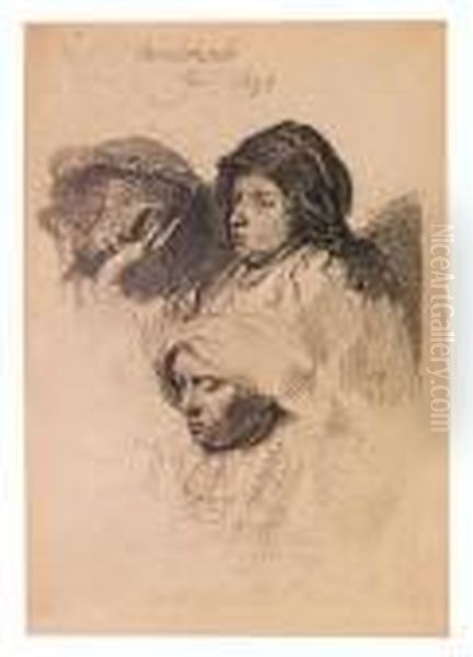 Three Heads Of Women, One Asleep. Oil Painting by Rembrandt Van Rijn