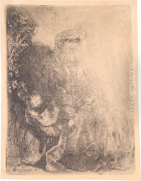 Abraham Caressing Isaac. Oil Painting by Rembrandt Van Rijn