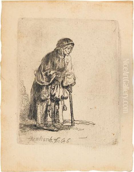 Beggar Woman Leaning On A Stick. Oil Painting by Rembrandt Van Rijn