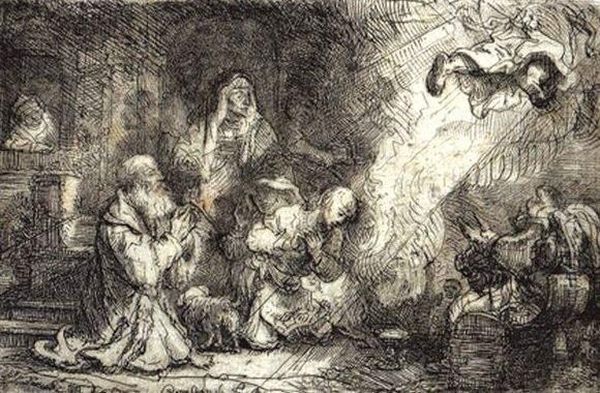 L'ange Qui Disparait Devant La Famille De Tobie Oil Painting by Rembrandt Van Rijn