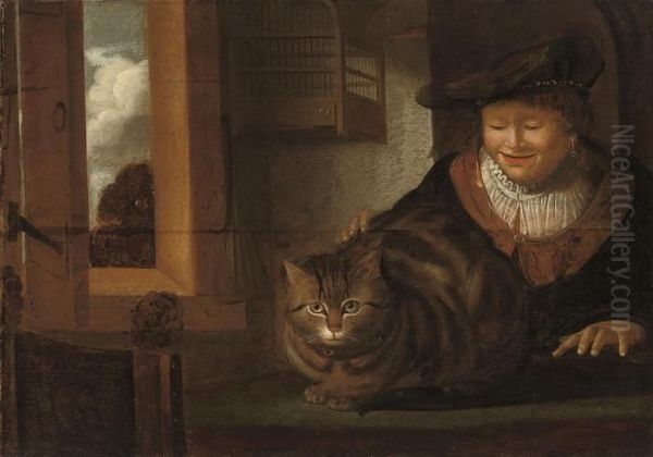 A Man Stroking A Cat In An Interior, An Empty Birdcage Hanging By An Open Window Beyond Oil Painting by Rembrandt Van Rijn