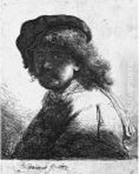 Rembrandt In Cap And Scarf With The Face Dark, Bust Oil Painting by Rembrandt Van Rijn