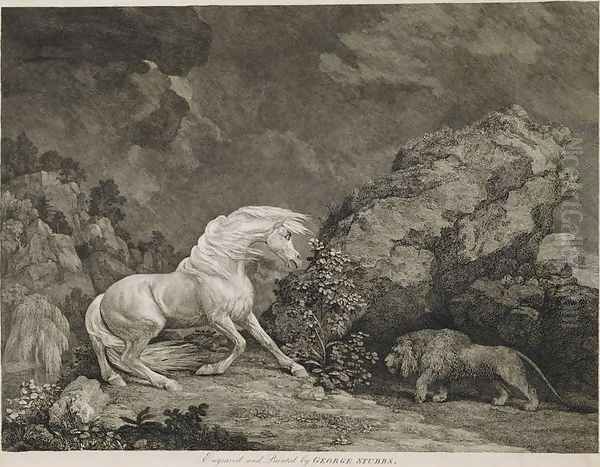 A Horse Affrighted by a Lion, engraved by the artist Oil Painting by George Stubbs