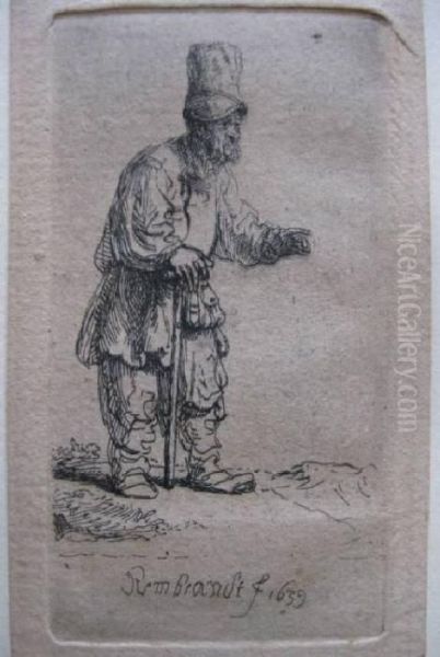 Peasant In A High Cap Leaning On A Stick Oil Painting by Rembrandt Van Rijn