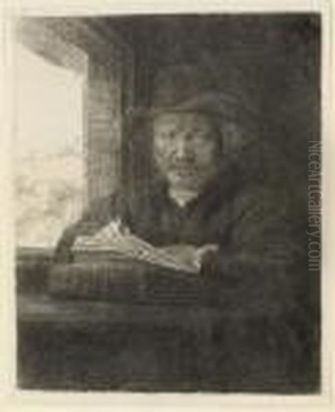 Self-portrait Drawing At A Window Oil Painting by Rembrandt Van Rijn