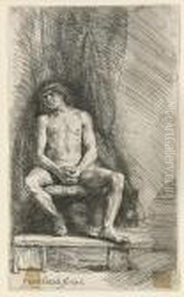 Nude Man Seated Before A Curtain Oil Painting by Rembrandt Van Rijn