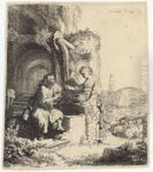 Christ And The Woman Of Samaria Among Ruins Oil Painting by Rembrandt Van Rijn