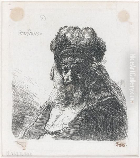 Vieil Homme Barbu En Haut Chapeau De Fourrure, Les Yeux Fermes Oil Painting by Rembrandt Van Rijn