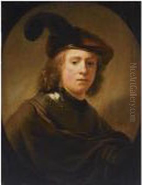 Portrait Of A Young Man, Half 
Length, Wearing A Brown Plumed Beretand A Brown Coat With A Gorget Oil Painting by Rembrandt Van Rijn