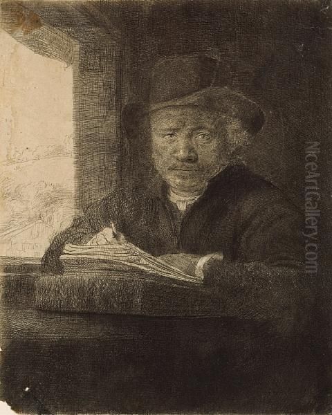 Self-portrait Drawing At A Window Oil Painting by Rembrandt Van Rijn