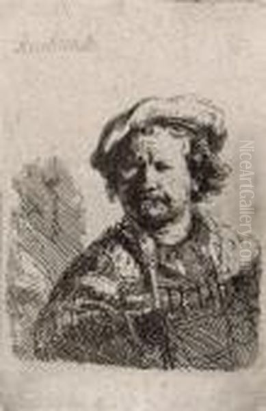 Self-portrait In A Flat Cap And Embroidereddress Oil Painting by Rembrandt Van Rijn