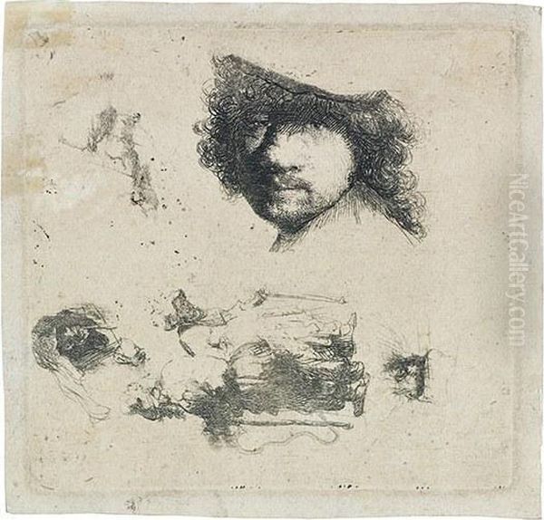 Sheet Of Studies: Head Of The Artist, A Beggar Couple Oil Painting by Rembrandt Van Rijn