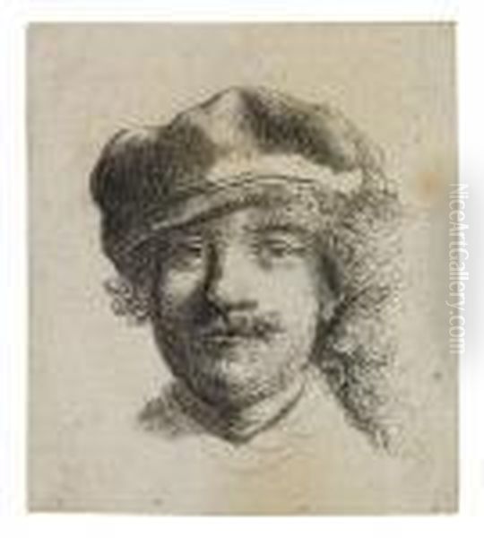 Self Portrait Wearing A Soft Cap: Full Face, Headonly Oil Painting by Rembrandt Van Rijn