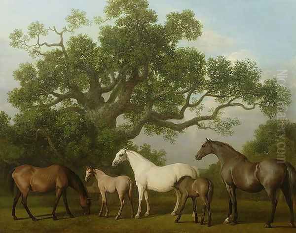 Mares and Foals under an Oak Tree, 1773 Oil Painting by George Stubbs