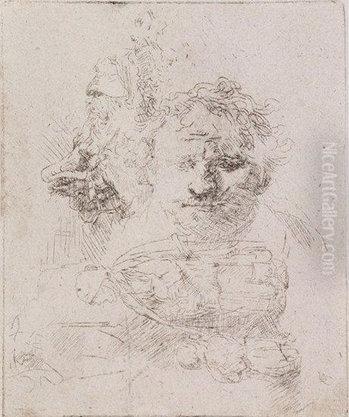 A Sheet Of Studies With The Head Of The Artist Oil Painting by Rembrandt Van Rijn