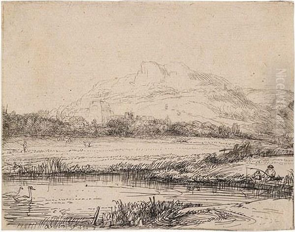 Canal With An Angler And Two Swans Oil Painting by Rembrandt Van Rijn