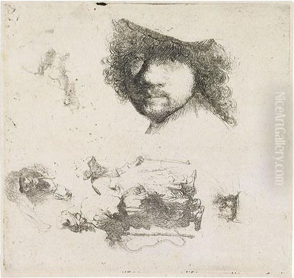 Sheet Of Studies: Head Of The Artist, A Beggar Couple Oil Painting by Rembrandt Van Rijn