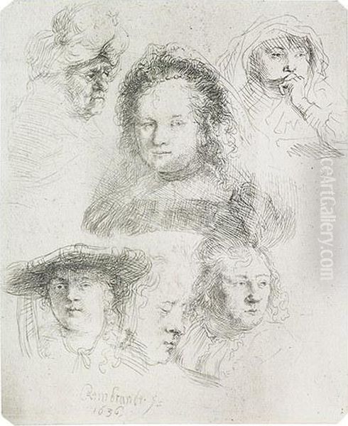 Sheet Of Studies: Head Of Saskia And Others Oil Painting by Rembrandt Van Rijn