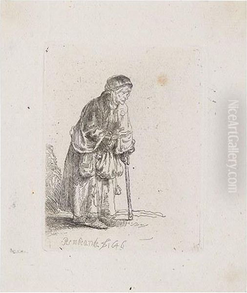 Beggar Woman Leaning On A Stick Oil Painting by Rembrandt Van Rijn