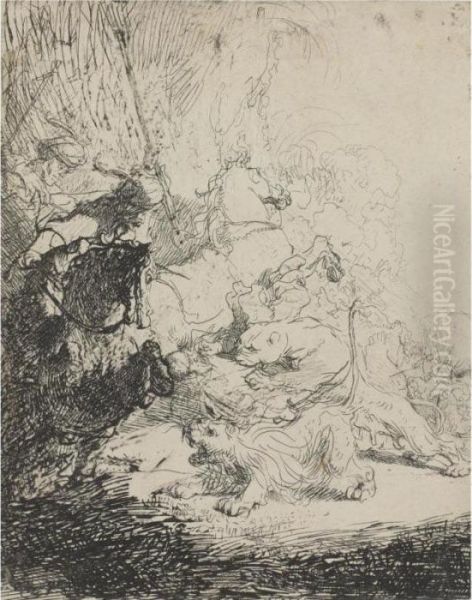 The Small Lion Hunt (with Two Lions) (b., Holl. 115; H. 180;bb.41-3) Oil Painting by Rembrandt Van Rijn