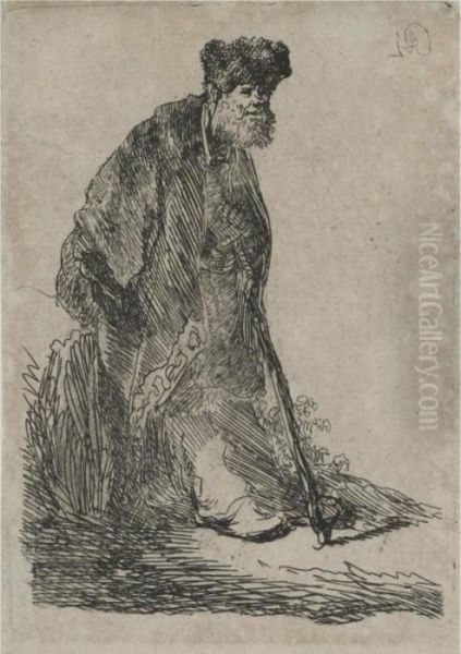 Man In A Coat And Fur Cap Leaning Against A Bank Oil Painting by Rembrandt Van Rijn