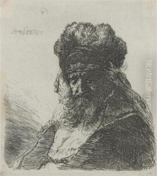 Old Bearded Man In A High Fur Cap, With Eyes Closed (b., Holl.290; H. 130; Bb.35-3) Oil Painting by Rembrandt Van Rijn