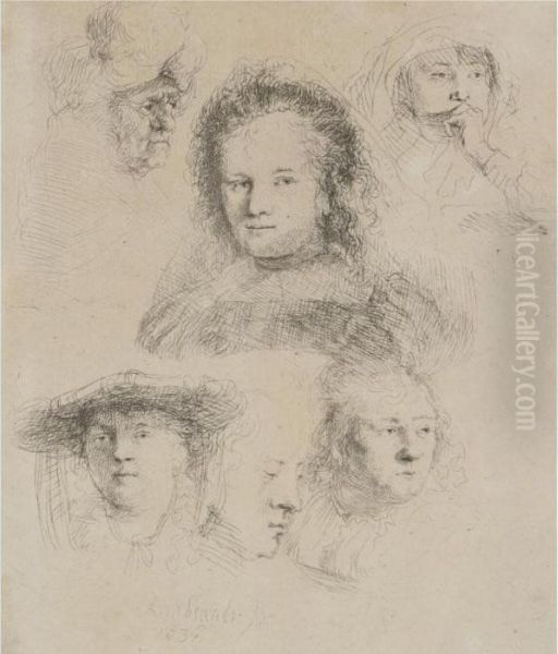 Studies Of The Head Of Saskia And Others (b., Holl. 365; H. 145;bb. 36-b) Oil Painting by Rembrandt Van Rijn