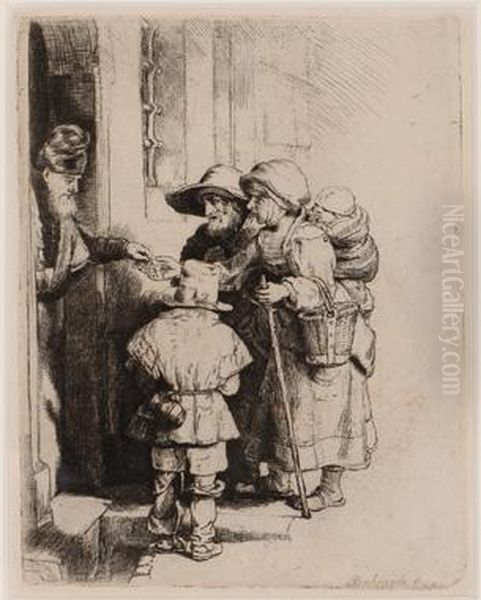 Begging Family Acceptingalms On A Doorstep Oil Painting by Rembrandt Van Rijn