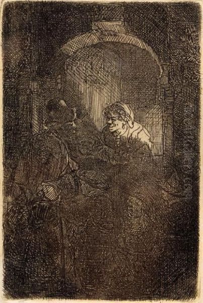 Mujer En La Puerta Hablando Con Hombre Y Ninos,1641 Oil Painting by Rembrandt Van Rijn