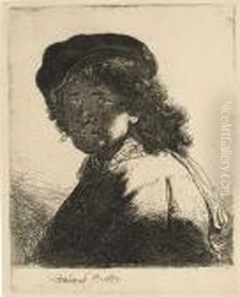 Self-portrait In Cap And Scarf With The Face Dark, Bust Oil Painting by Rembrandt Van Rijn