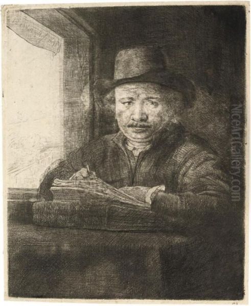 Self-portrait Drawing At A Window Oil Painting by Rembrandt Van Rijn