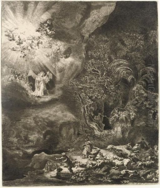 The Angel Appearing To The Shepherds Oil Painting by Rembrandt Van Rijn