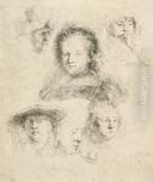 Studies Of The Head Of Saskia And Others Oil Painting by Rembrandt Van Rijn