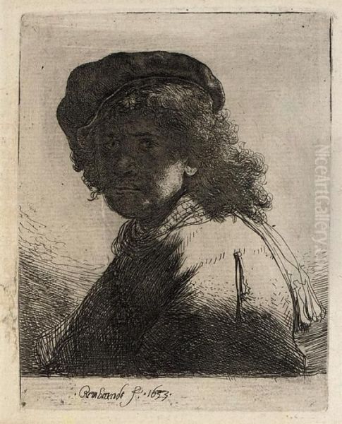 Self-portrait In A Cap And Scarf With The Face Dark, Bust (b.,holl. 17; H. 108) Oil Painting by Rembrandt Van Rijn