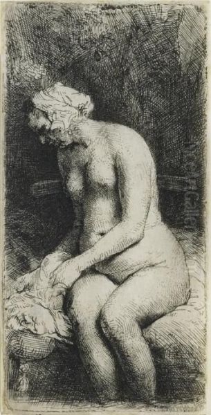 Woman Bathing Her Feet At A Brook (b., Holl. 200; H. 298) Oil Painting by Rembrandt Van Rijn