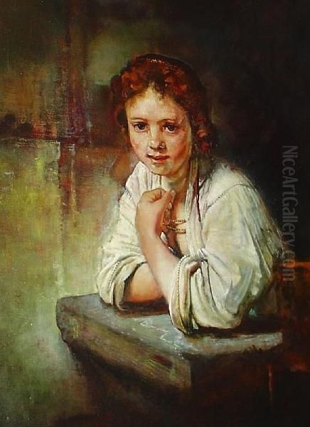 Girl Leaning On A Ledge Oil Painting by Rembrandt Van Rijn