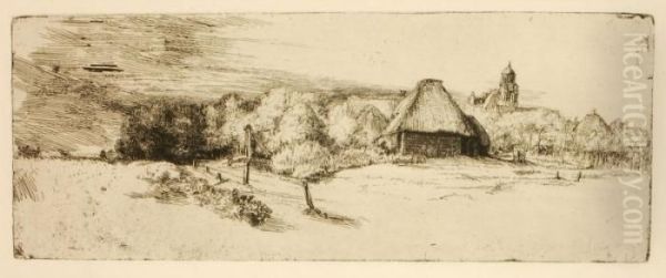 Landschaft Mit Baumen, Bauernhausern Und Turm Oil Painting by Rembrandt Van Rijn