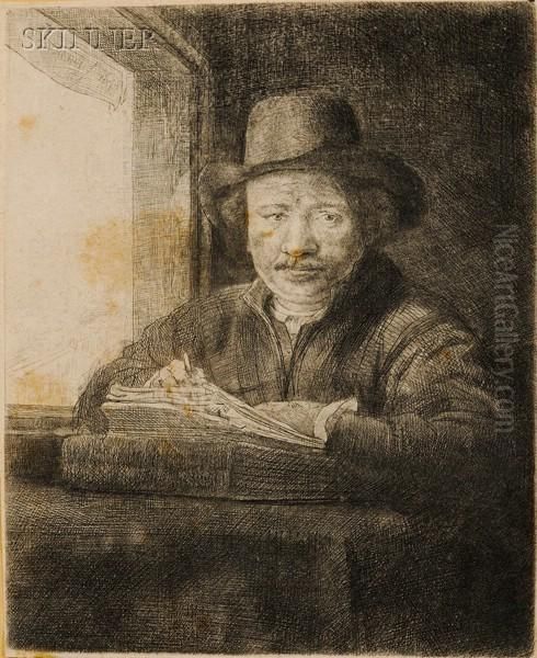 Self Portrait Drawing At A Window Oil Painting by Rembrandt Van Rijn