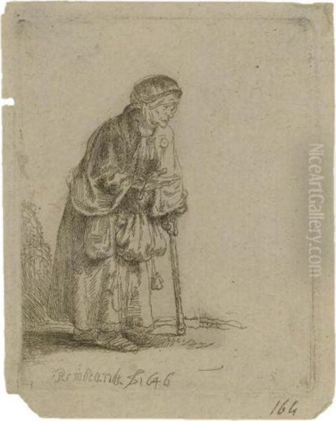 Beggar Woman Leaning On A Stick (b., Holl. 170; H. 219) Oil Painting by Rembrandt Van Rijn