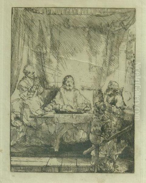 Christ Seated At A Table With Onlookers Oil Painting by Rembrandt Van Rijn