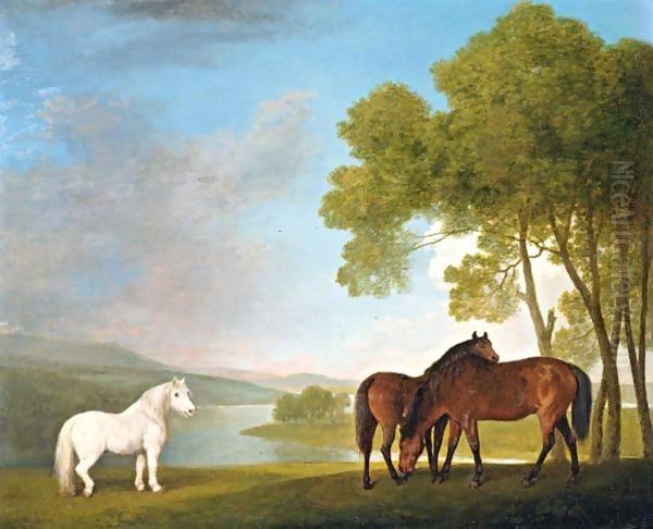 Two Bay Mares And A Grey Pony In A Landscape Oil Painting by George Stubbs