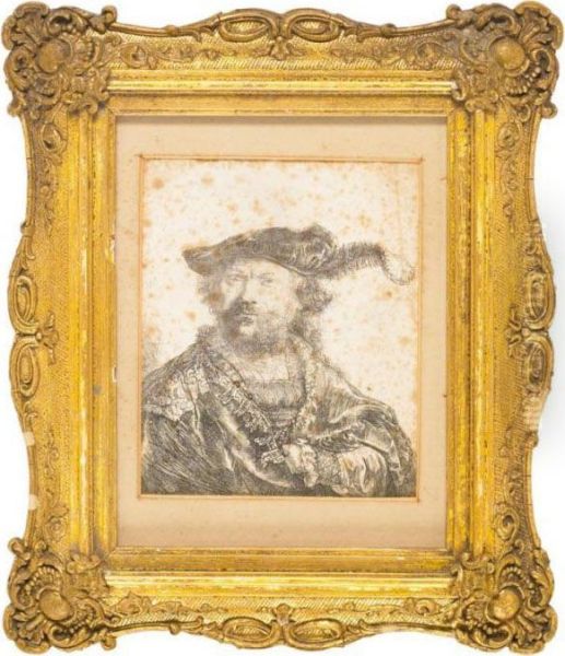 Self Portrait In A Plummer Cap Oil Painting by Rembrandt Van Rijn