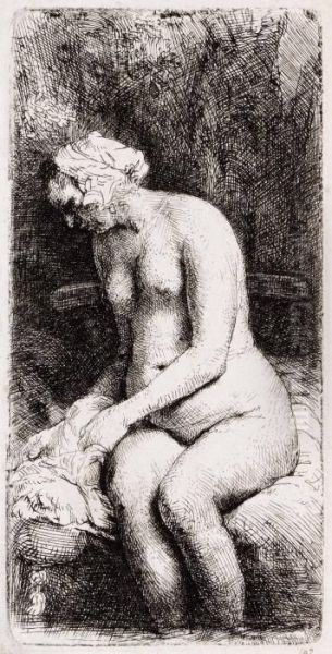 Woman Bathing Her Feet At A Brook Oil Painting by Rembrandt Van Rijn