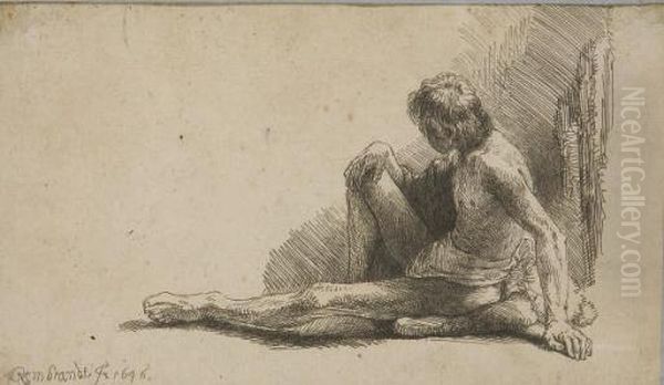 Homme Nu Assis A Terre La Jambe Gauche Etendue Oil Painting by Rembrandt Van Rijn