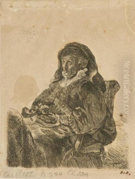 The Artist's Mother Seated, In Widow's Dress And Blackgloves Oil Painting by Rembrandt Van Rijn