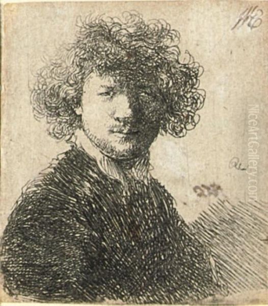 Self Portrait With Curly Hair And White Collar: Bust (b., Holl. 1; Hind 33) Oil Painting by Rembrandt Van Rijn