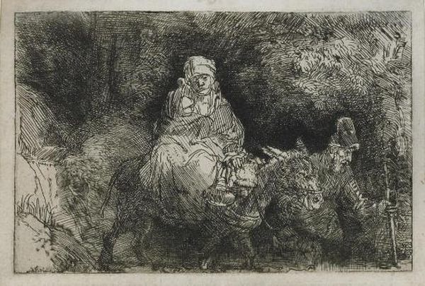 Flight To Egypt: Crossing A Brook (b., Holl. 55; H. 276) Oil Painting by Rembrandt Van Rijn