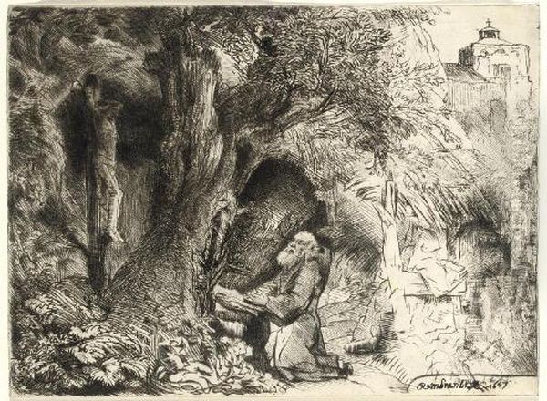 Saint Francis Beneath A Tree Praying (b. Holl. 107; H. 292) Oil Painting by Rembrandt Van Rijn